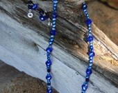 Beaded Necklace// Blue Glass// Cobalt Blue Pearl & Crystal Necklace and Earring set. Bridal. Ocean. Surfer.