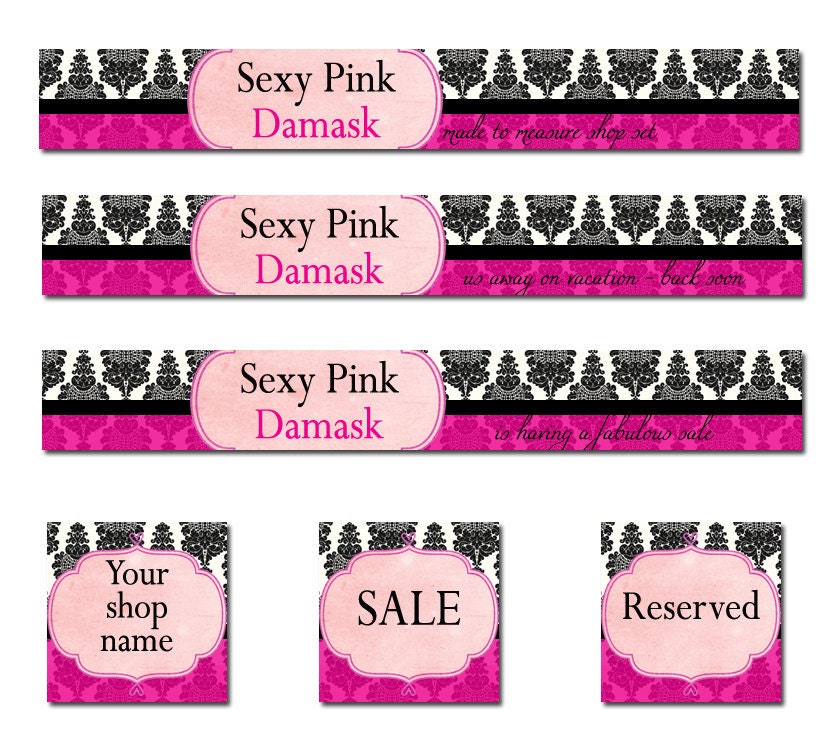 Sexy Pink Damask Etsy Shop Banners, avatars, full shop set