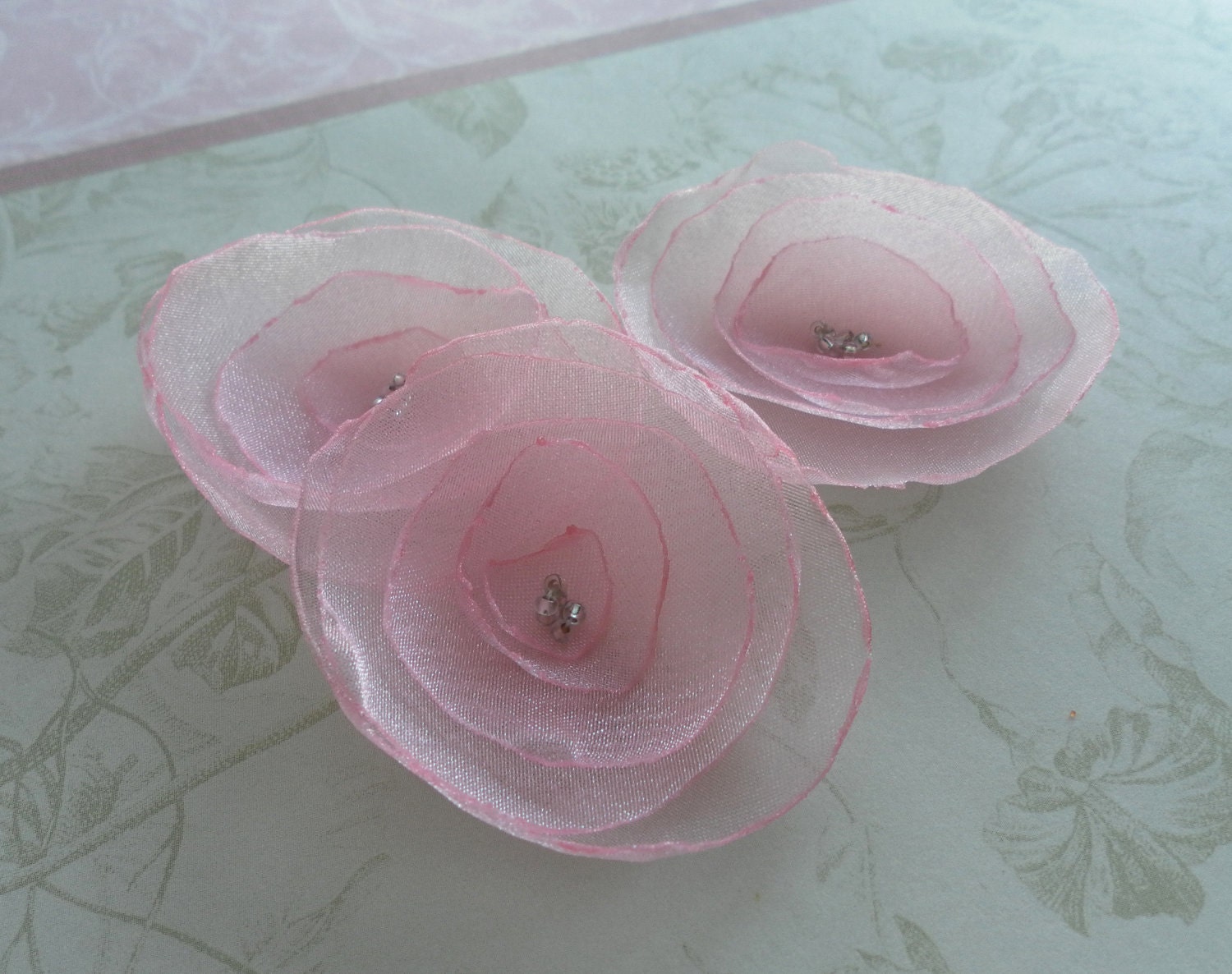 Fabric Flowers in Pale Pink Applique Set of 3 Handmade