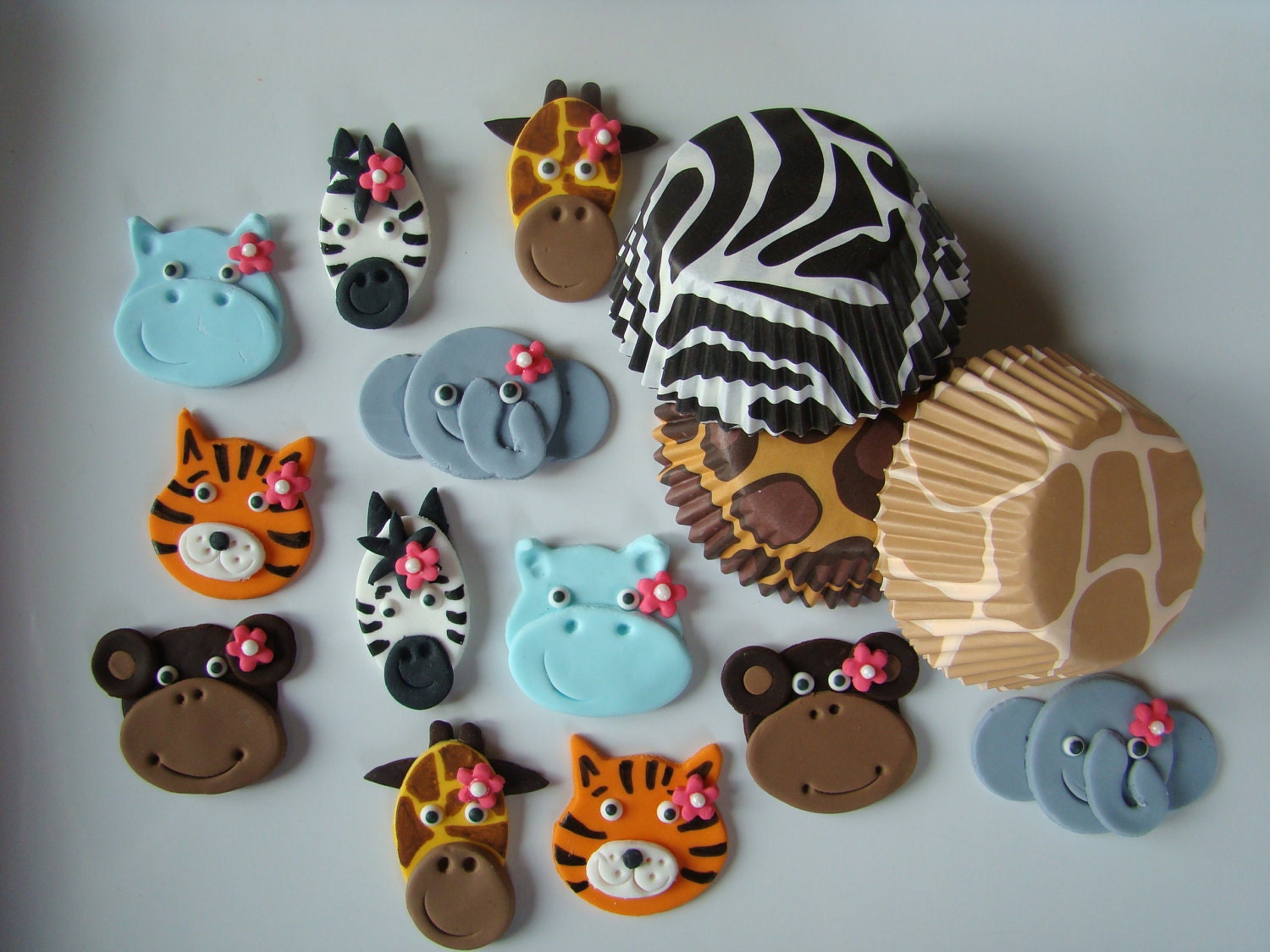 Edible Fondant Cupcake Toppers and Animal Print Liners  Girl Safari Animals Package