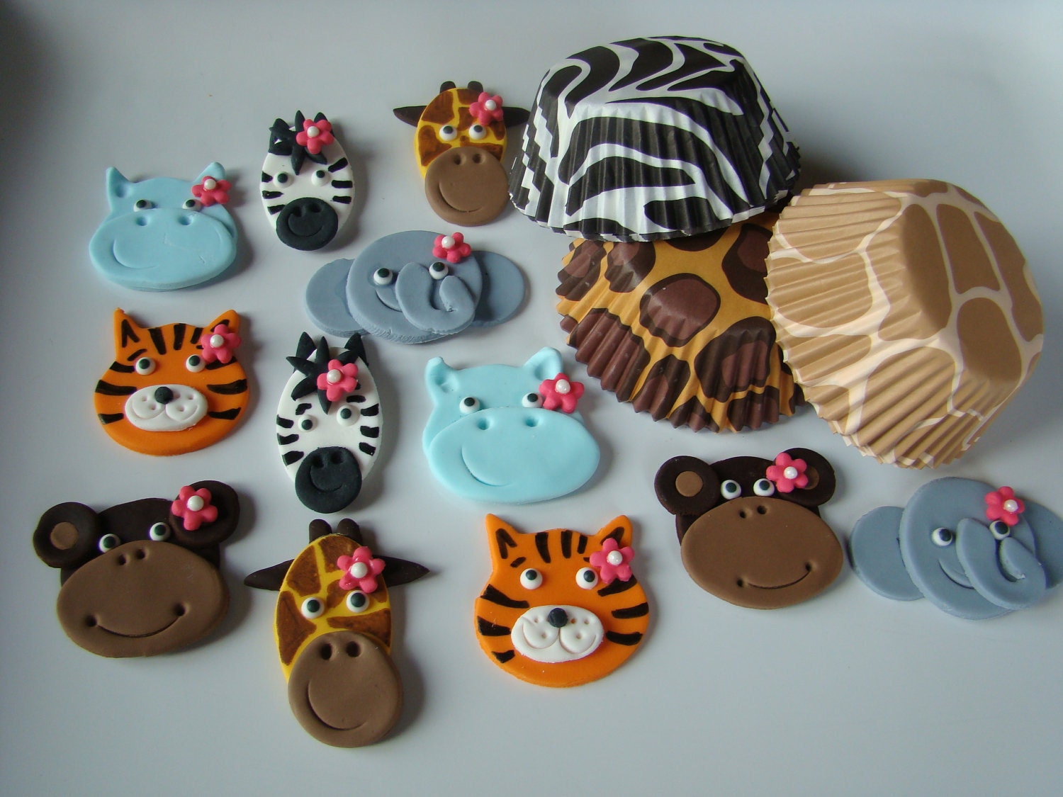 Edible Fondant Cupcake Toppers and Animal Print Liners  Girl Safari Animals Package