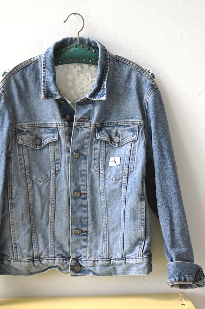 calvin klein crocheted lace denim jacket
