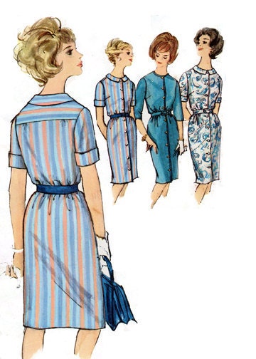1967 - One Piece Straight Dress w/Button Front, Sleeve Variation and High Neckline - Simplicity 4937 - Complete Original Vintage Pattern