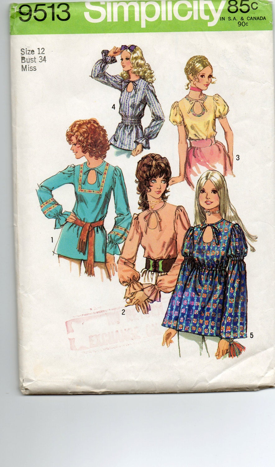 1971 - Five Blouse Styles w/Keyhole Neckline and Waistline and Sleeve Variations - Simplicity 9513 - Complete Original Vintage Pattern