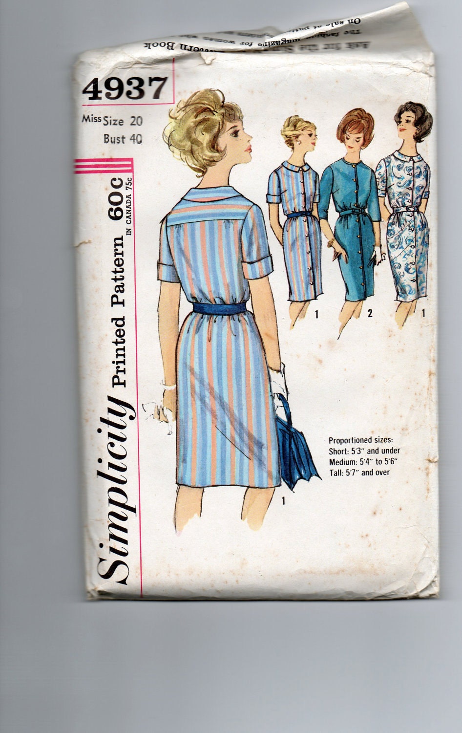 1967 - One Piece Straight Dress w/Button Front, Sleeve Variation and High Neckline - Simplicity 4937 - Complete Original Vintage Pattern