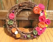 Springtime In Tuscany Wreath -Door Decor--Spring/Summer Wreath -14 inch Grapevine and Pink,Gold,Orange,Yellow, and Green Felt Flower Wreath