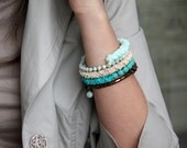 Handmade beaded memory wire bracelet. Ribbon, pearls and crystals bracelet. Fabric jewelry. Chocolate, beige, mint, teal, turquoise, brown.