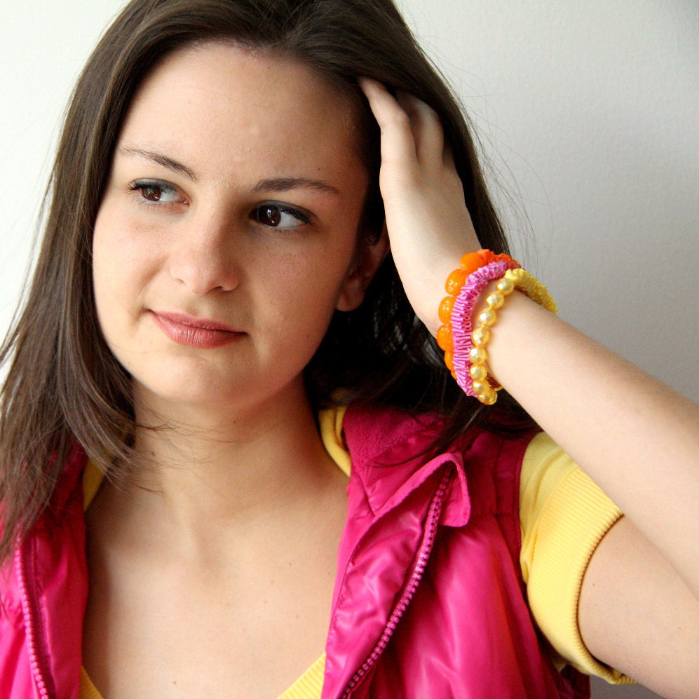 Handmade neon beaded bracelet. Unique neon ribbon bracelet in yellow, pink and orange. Spring fashion.