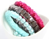Memory wire beaded bracelet. Fall 2012 jewelry and accessories. Grayish brown, cabaret fuchsia pink and cockatoo aqua turquoise.