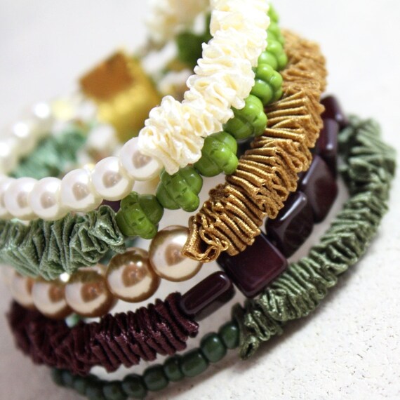 Exceptional handmade beaded ribbon bracelet. Ruffled ribbon, pearls and beads bracelet in brown, cream and green. Ribbon jewelry.