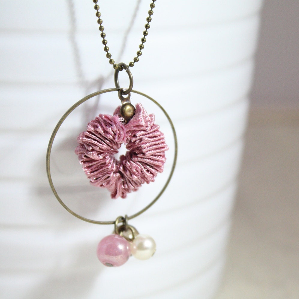 Tea rose pink ruffled ribbon pendant necklace. Romantic and dreamy ruffled ribbon unusual necklace. Gift for her.