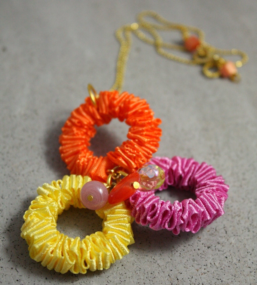 Tangerine orange, neon pink and lemon yellow ribbon pendant necklace. 3 circles. Spring flowers tones.  Cheerful.