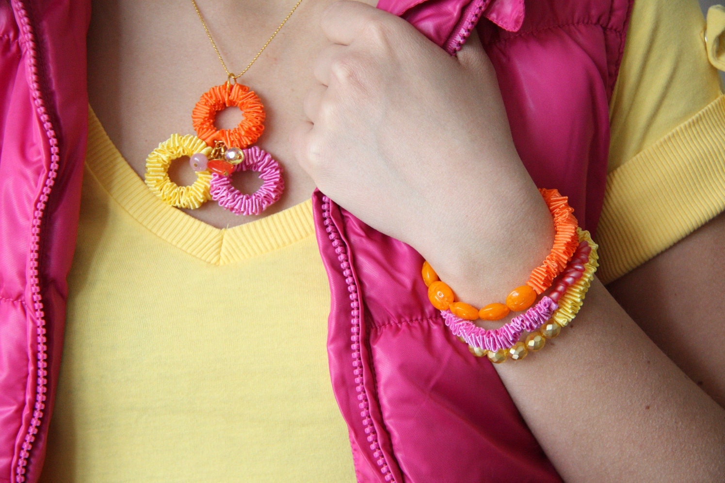 Tangerine orange, neon pink and lemon yellow ribbon pendant necklace. 3 circles. Spring flowers tones.  Cheerful.