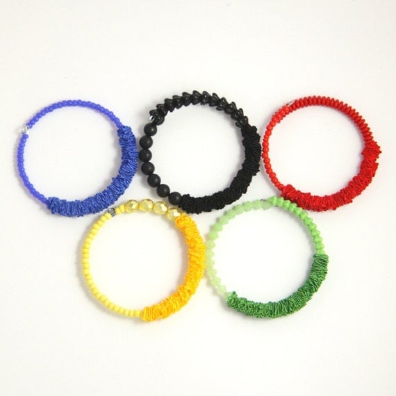 Olympic games 2012 jewelry. Ribbon beaded bracelets - Olympian blue, red, solar power yellow, green, black.