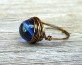 Blue Sphere  -  Wire Wrapped Bead Ring - Size 7 - READY to SHIP