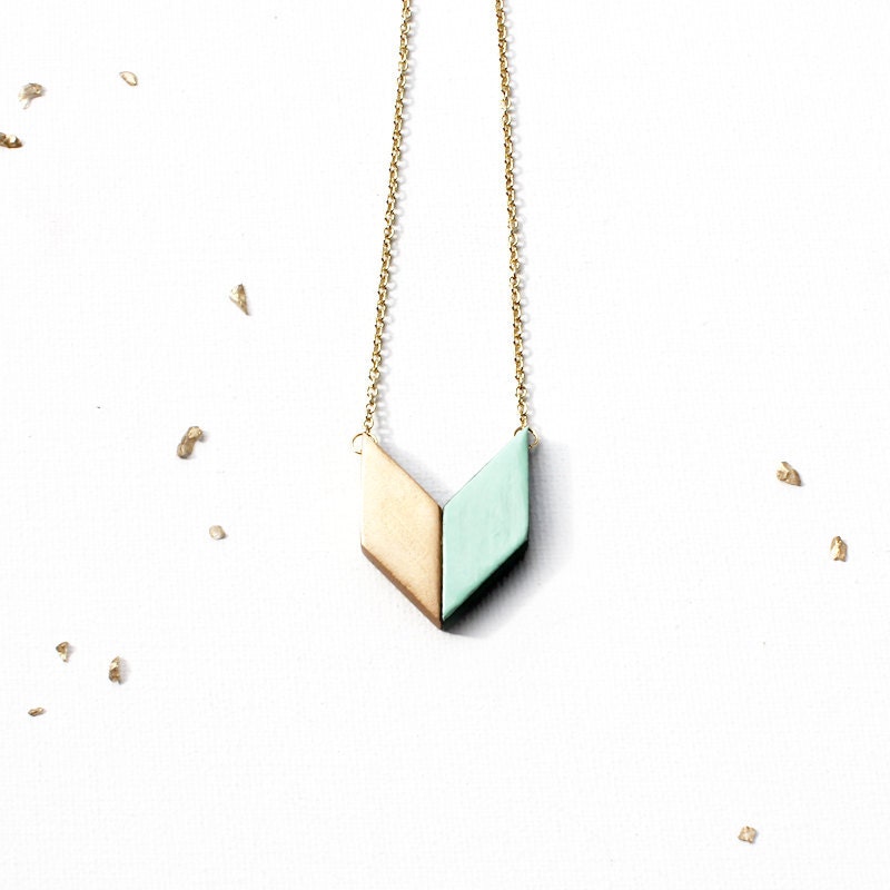Gold & Mint Arrow Pendant / geometric wooden tangram chevron pendant necklace in gold and mint green on short gold chain - SOFTGOLDSTUDIO