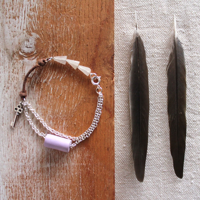 LILAC ARROW BRACELET / quartz triangles with sliding polymer bead on cord & chain