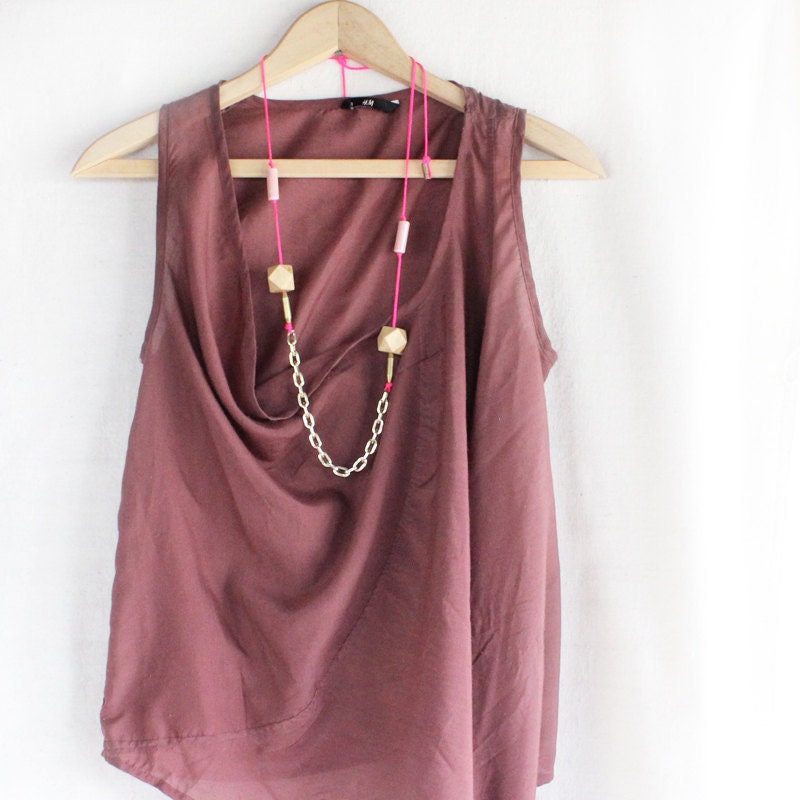 Pink & Gold Geometric Assemblage Necklace / brass trade beads, square chain, porcelain, faceted wood, neon pink cord - Last One