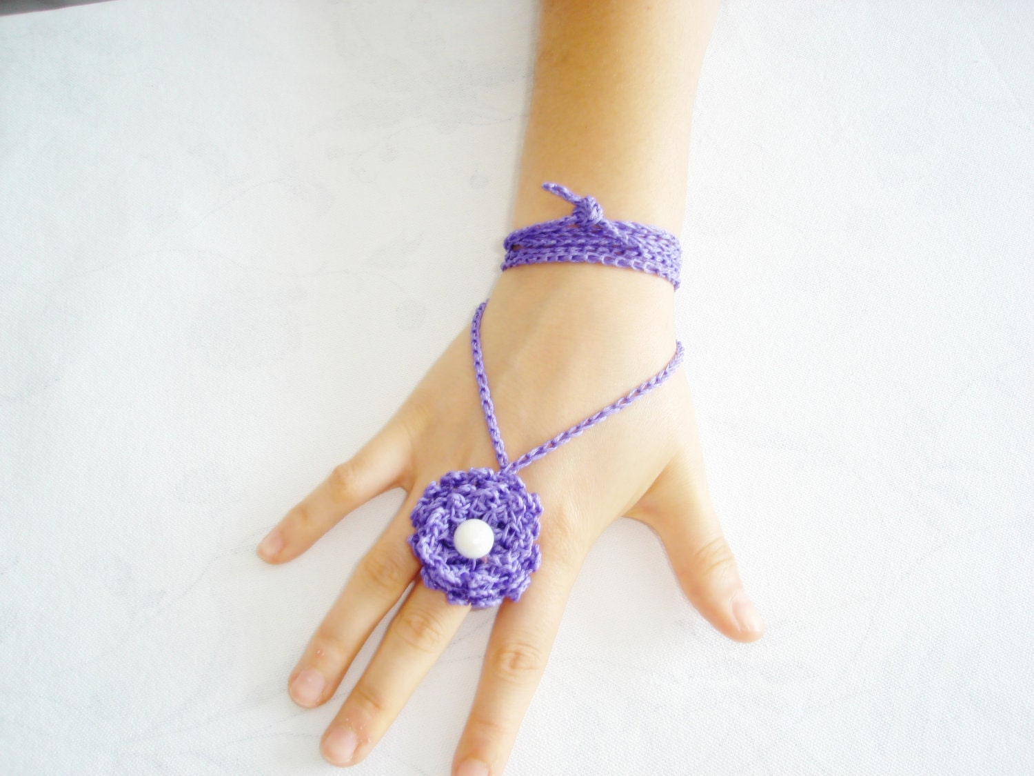 Crochet ring white pearl, bracelet, necklace, unique design,purple ring, two piece