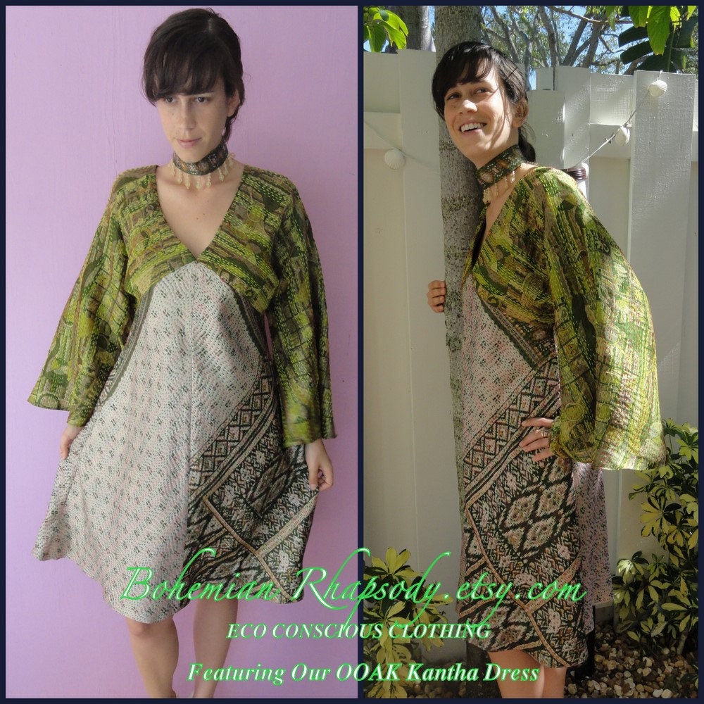 Vintage Indian Cotton Kantha Dress- On Sale-Eco Conscious - Hand Made From Vintage Quilted Saris - Beaded Choker with Vintage Beading