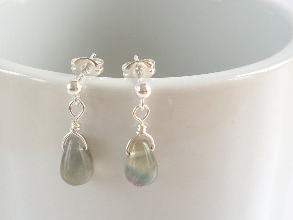 Rainbow Flourite Earrings, Wire Wrap Earrings in Sterling Silver
