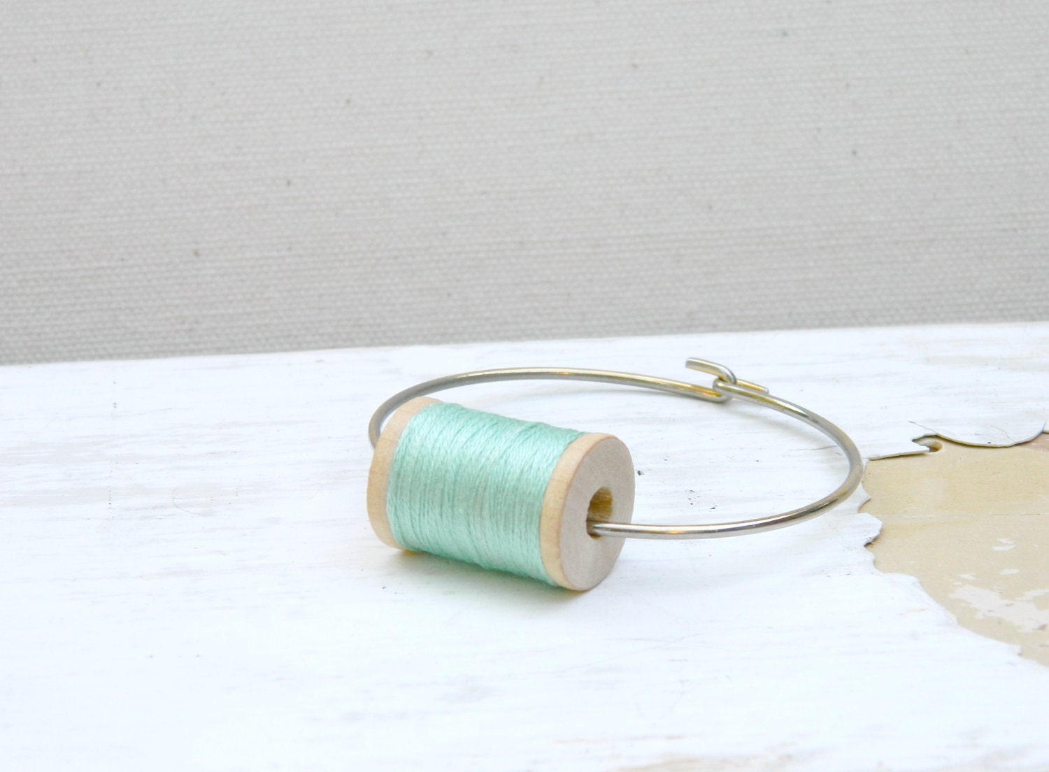 Mini Wooden Spool Bracelet Mint Pastel Color - arthandmadejewelry