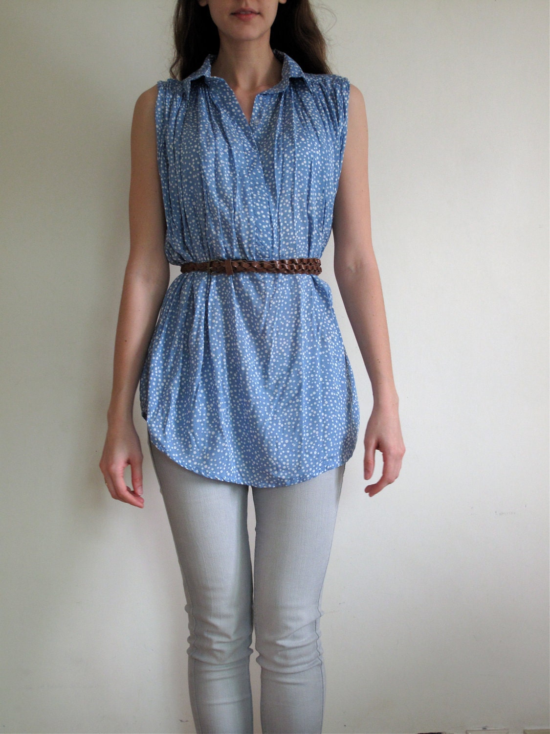Baby Blue and While polka dot blouse with collar