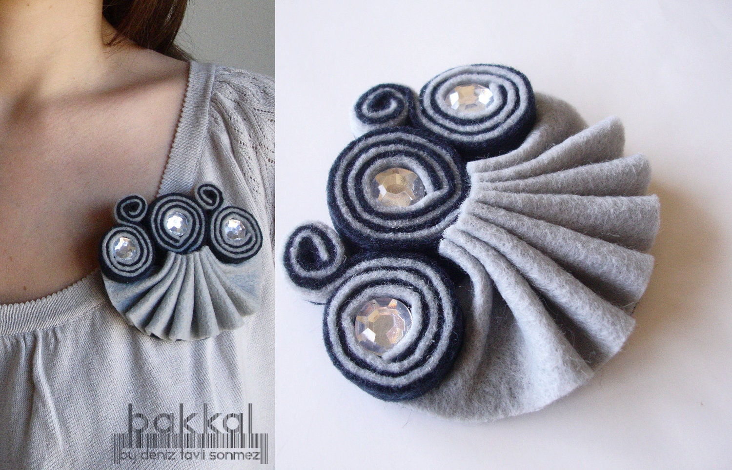 Navy Blue and Gray Felt Brooch with gemstones, Blue Felt Brooch, Felt Brooch, Blue, Rolled Felt, Everyday Jewelry, Charming, Gray Brooch - bakkal