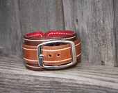 Leather Cuff Bracelet "the stitched vandyke" Carved Tooled Recycled Bangle Wristband Stitched Red Design Cuffs Rustic OOAK Distressed