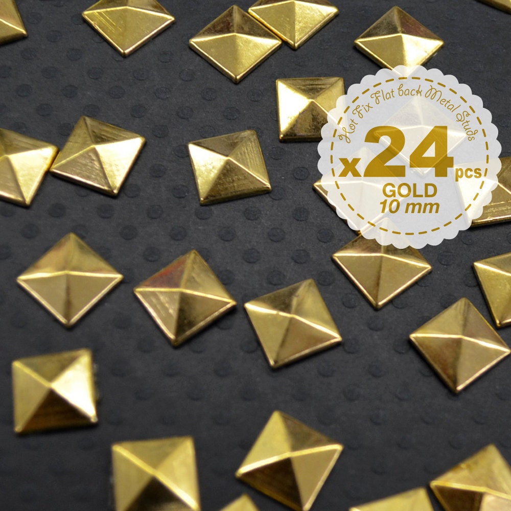 New - 24 pcs - Iron on Studs - Gold - Shiny polished - Hot fix - Pyramid Studs Metal - iPhone case -Punk ROCK Biker Spikes