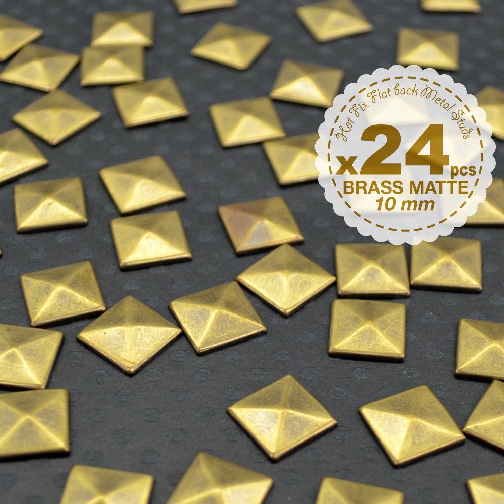New - 24 pcs - Iron on Studs - Brass Matte non-polished - Hot fix - Pyramid Studs Metal - iPhone case -Punk ROCK Biker Spikes