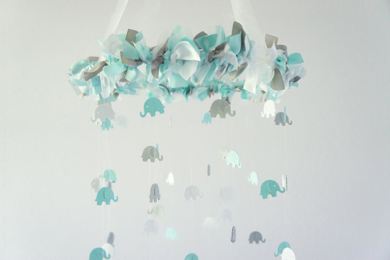 Baby Nursery Mobile in Aqua, Gray & White-Elephant Nursery Mobile, Baby Shower Gift, Photographer Prop
