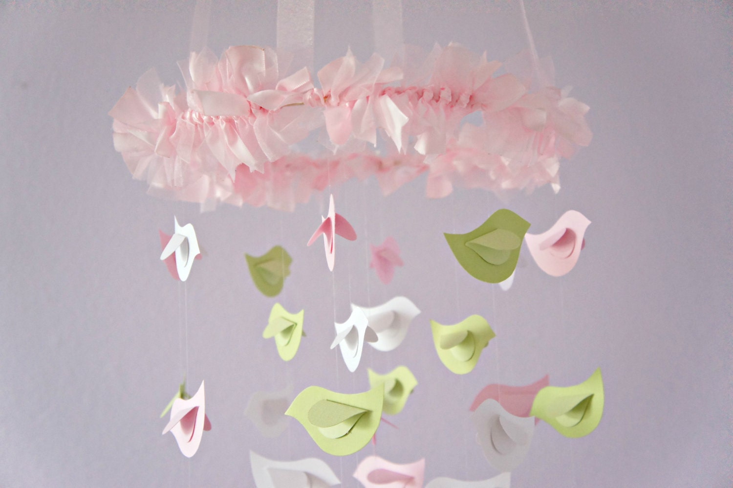 Baby Shower Nursery Mobile- Bird Mobile Nursery Decor in Pink, Green & White