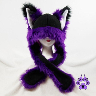 Purple Dark FOX kitsune cat Puffet Hat  with SQUEAKERS warm rave fleece ear flap strap anime cosplay ski handmade snowboard mens womens 1751