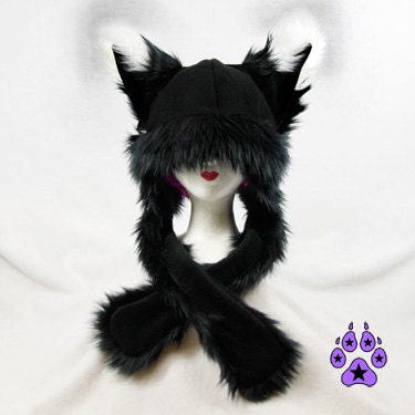 Black Dark FOX kitsune cat Puffet Hat Squeakers warm rave ear flap strap furry goth anime cosplay ski handmade snowboard mens womens 1751