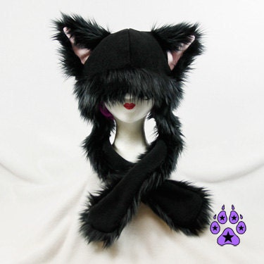 Black Faux Fur Kitty Cat Puffet Hat rave dark cyber by pawstar
