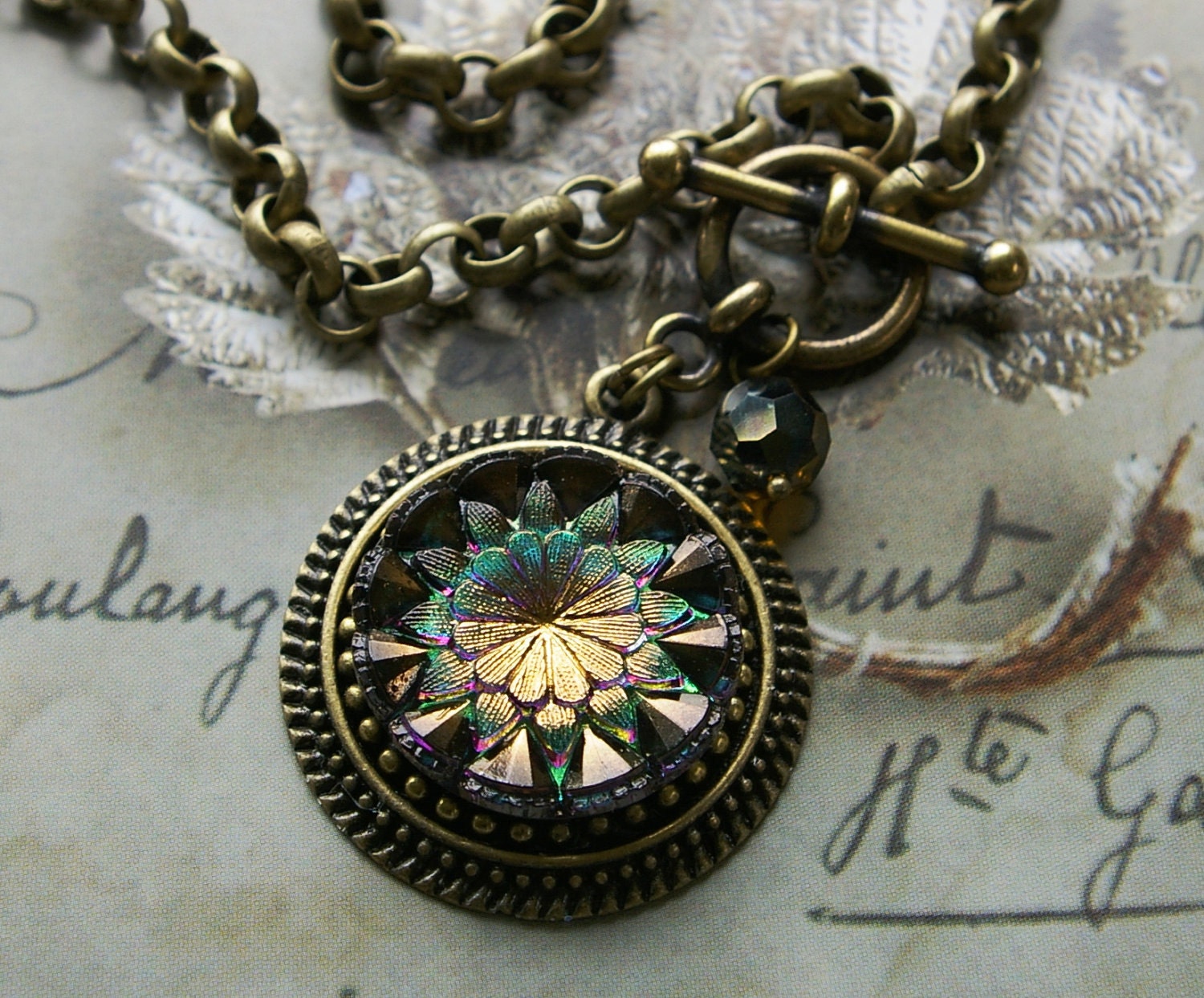 Breathtaking, Czech Glass Necklace, Shimmering Greens and Gold, button Jewelry, Toggle Necklace