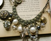 Bib Necklace, Vintage Button Necklace, Charm Necklace, Pearl and Crystal Jewelry, Vintage Button Necklace, Upcycled Jewelry
