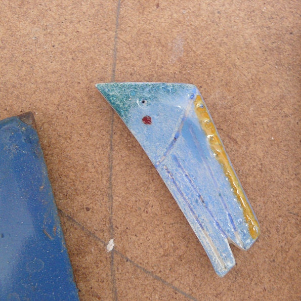 Ceramic Brooch / A Fish Form in Light Blue, Petrol, Yellow with Rouge