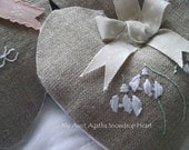 Bestseller : Snowdrop Heart, linen , hand embroidered