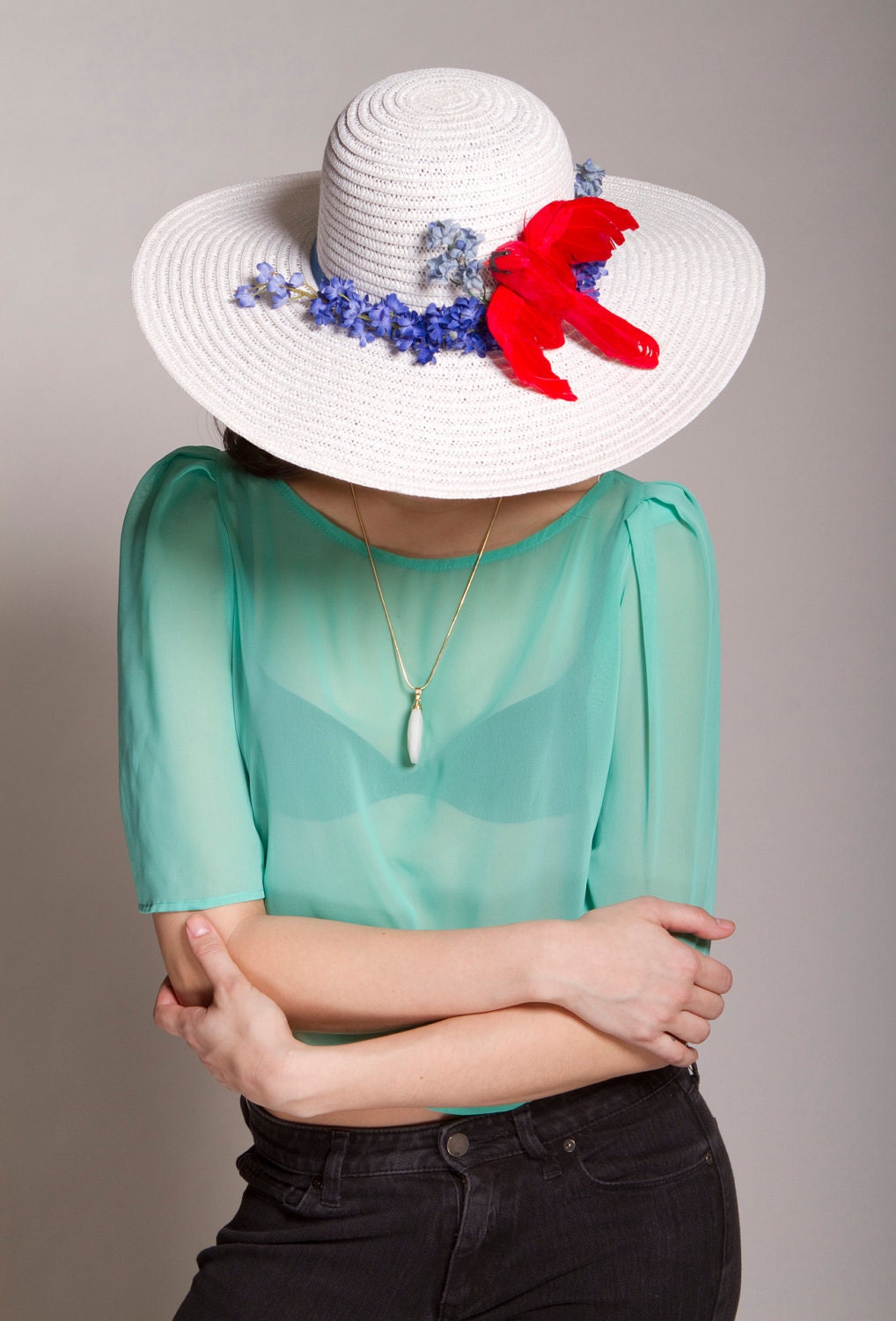 The Americana Hat - Cardinal Bird Hat with Blue Flowers