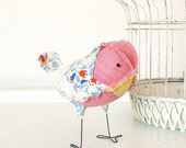 Mazie the Soft Sculpture Textile Fabric Bird Softie in Pink Yellow Blue and Orange Vintage Quilt