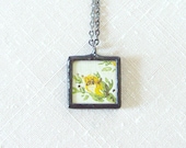 Green and Yellow Cabbage Rose Vintage Wallpaper Pendant Necklace, Soldered Glass, Bridesmaids, Garden Party, Summer Jewelry, Cottage Chic