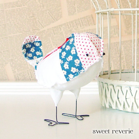 Gladys - Fabric Bird in Red White and Blue Vintage Quilt, Americana Bird Cake Topper, 4th of July Wedding Decor, Nautical Cottage Decor