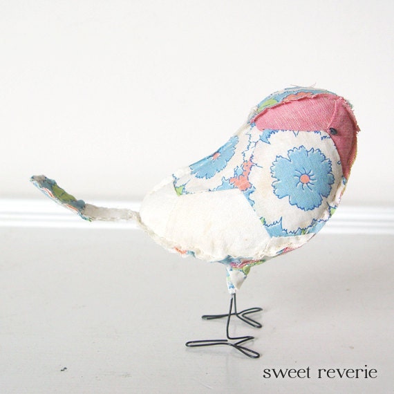 Penny the Soft Sculpture Textile Fabric Bird Softie in Pink Yellow Blue and Green Vintage Quilt