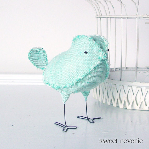Lily the Soft Sculpture Textile Fabric Bird Softie in Soft Mint Green Vintage Fabric