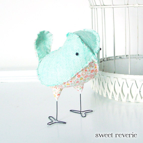 Daphne - Vintage Mint Green Turquoise, Tangerine, Coral, Melon Wedding Cake Topper Love Bird, Soft Sculpture Textile, Baby Nursery Decor