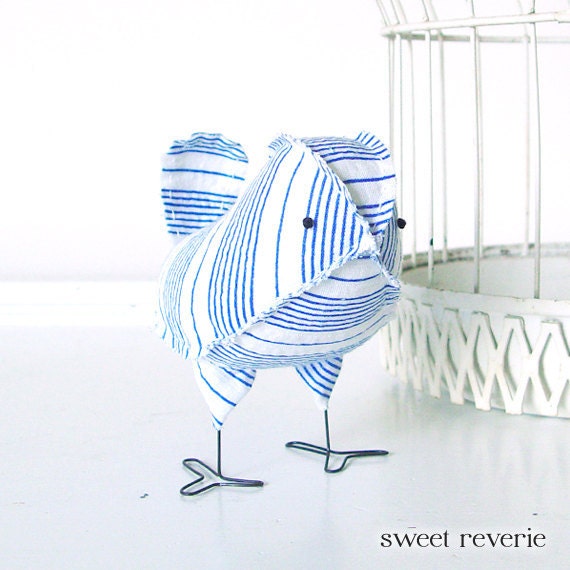 Dorian - Vintage Nautical Blue and White Stripe Wedding Cake Topper Love Bird, Soft Sculpture Textile, Baby Boy Nursery Decor, 4th of July