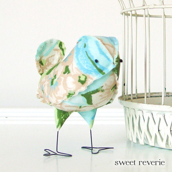Ramona - Fabric Bird in Vintage Mint Blue Aqua Green and Tan Floral, Wedding Cake Topper Love Bird, Baby Nursery Decor, Flower Garden