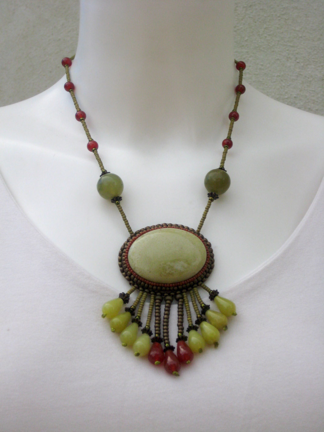 SEEDS OF SPRING - Bold Statement Impressive necklace - green red bronze jewelry - Tribal style Elegant necklace - hand embroidered necklace